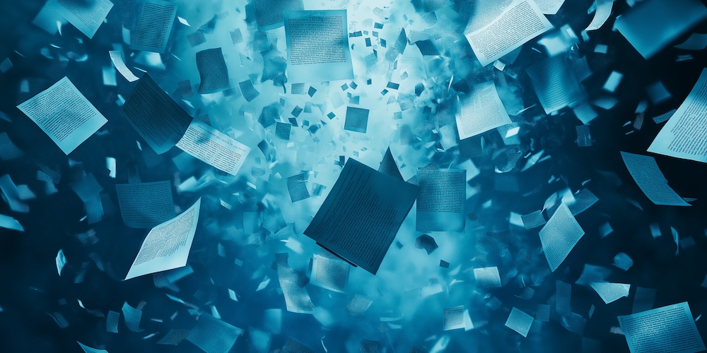 Blue falling paper sheets in digital motion background. Old paper documents needing to be digitized concept.