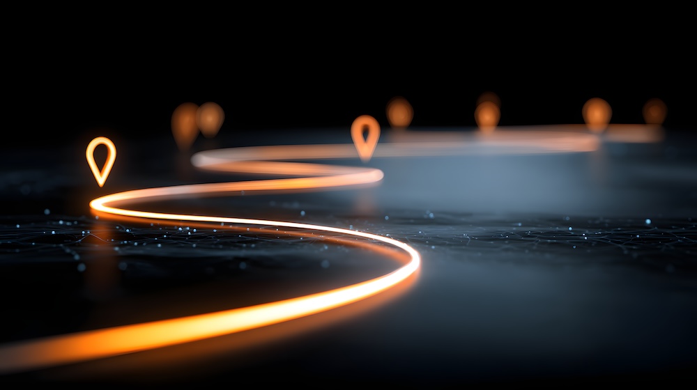 A glowing path with checkpoints, a concept for a business roadmap, customer journey, or project milestones. Migra