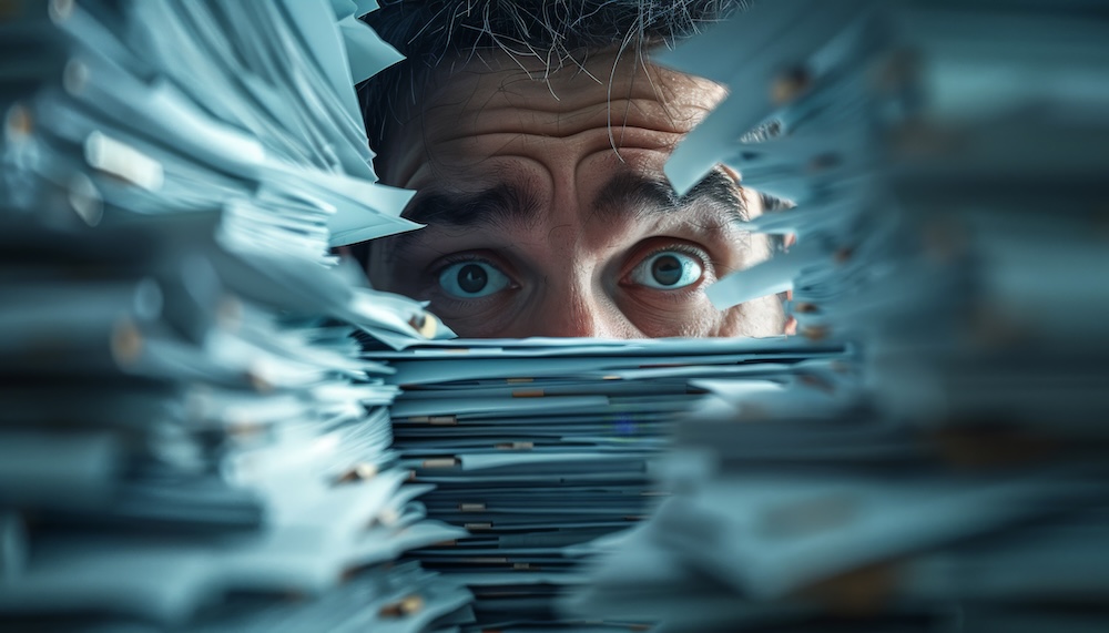 A businessman drowning in paperwork.